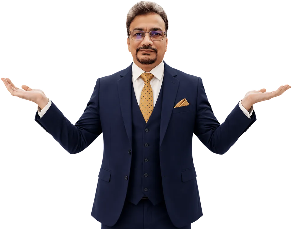 Dr. Ghulam Mohey-ud-din with open hands, inviting conversation