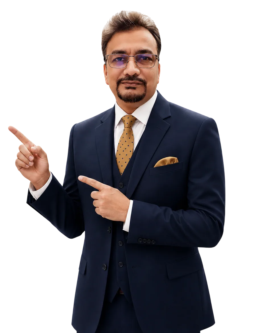 Dr. Ghulam Mohey-ud-din in a navy three-piece suit, gesturing towards the introduction